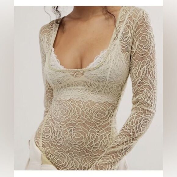 NWOT- Free People- in my head sage green sheer lace bodysuit- Size XS - Picture 2 of 11